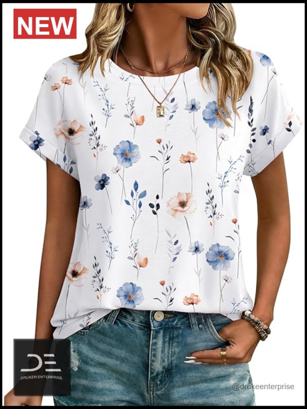 Short Sleeve Crew Neck T-Shirt with Floral Pattern Summer Top